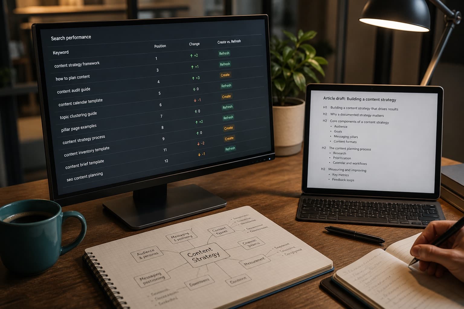Content strategist reviewing search rankings and an article outline at a dual-monitor desk