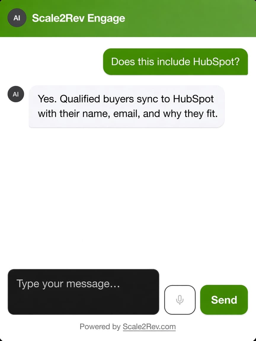 Engage answers a visitor who asks whether HubSpot is included, and confirms qualified buyers sync with their name, email, and why they fit.