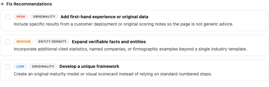 Surface lists fixes in high, medium, then low priority: first-hand proof, verifiable facts, and an original framework.